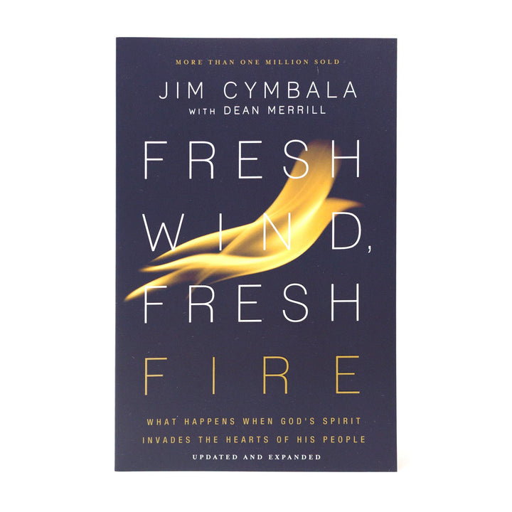 Book cover of 'Fresh Wind, Fresh Fire' by Jim Cymbala and Dean Merrill with a gold flame graphic on a dark background.