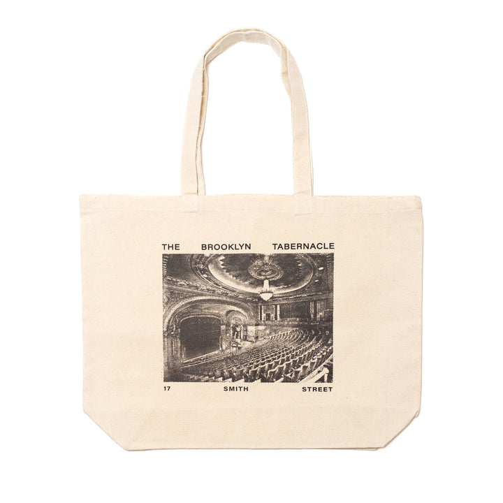 Beige canvas tote bag with black and white vintage image of the 17 Smith Street theater