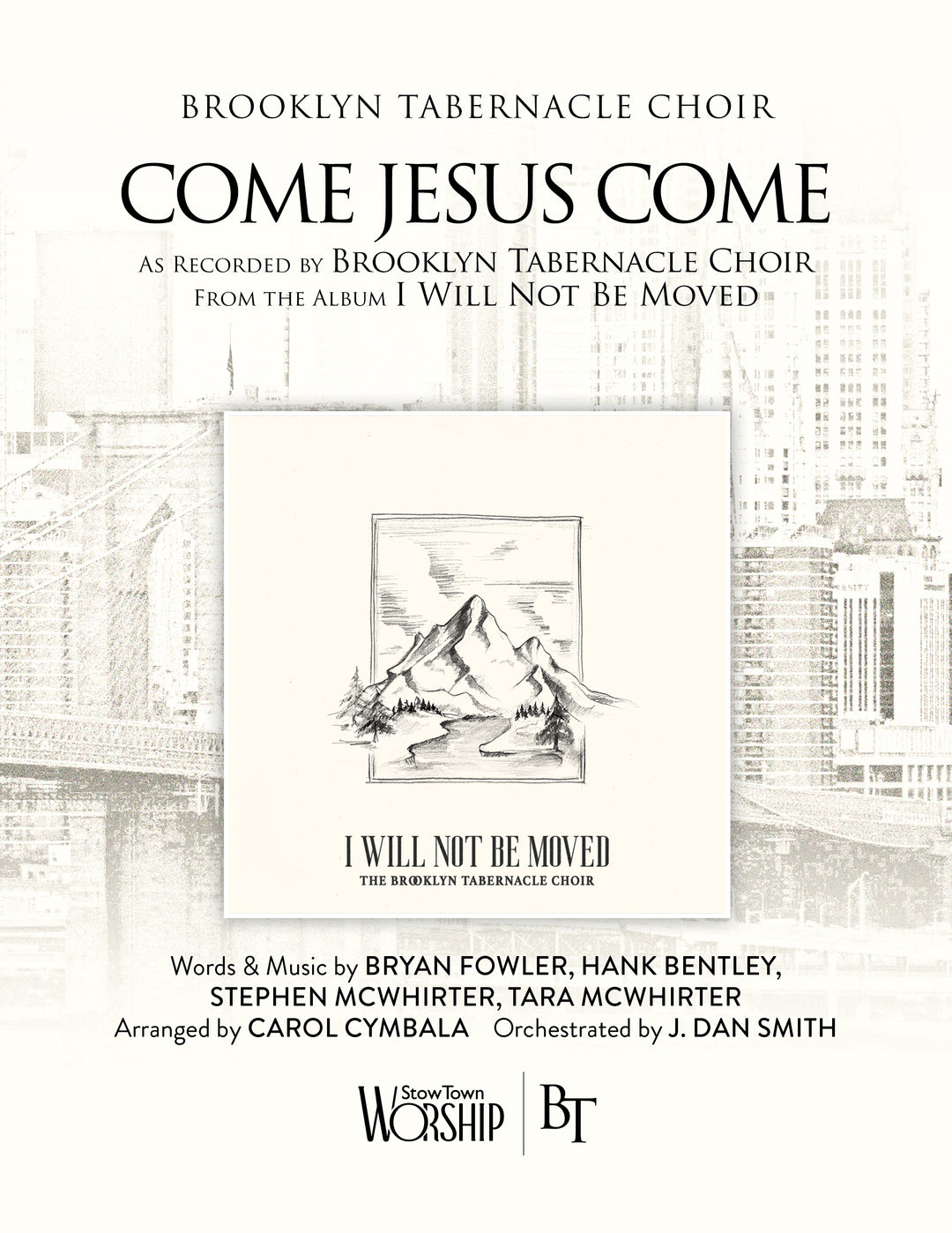 Sheet music cover for 'Come Jesus Come' by Brooklyn Tabernacle Choir with mountain illustration and text details.
