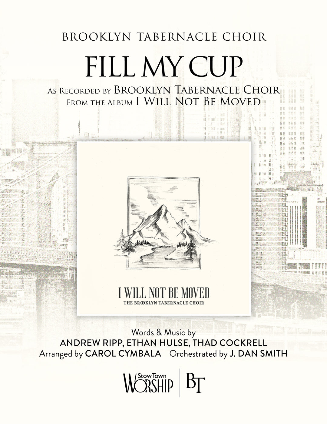 Sheet music cover for 'Fill My Cup' by Brooklyn Tabernacle Choir with mountain illustration and album details.
