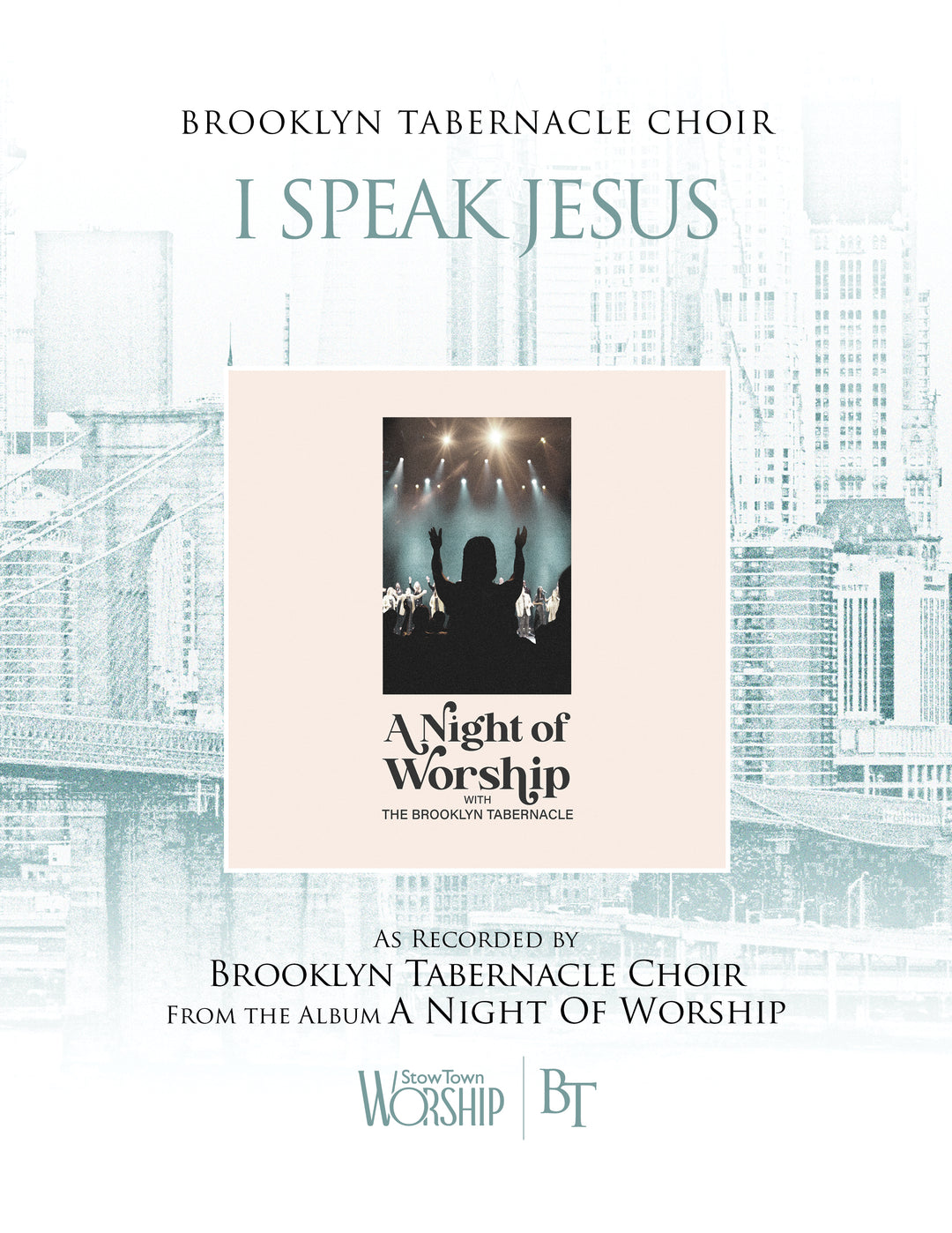 Sheet Music cover for  'I Speak Jesus' and the album cover for 'A Night of Worship' by Brooklyn Tabernacle Choir with a cityscape background