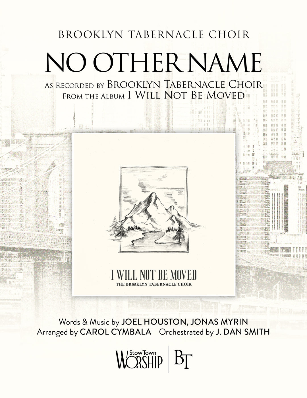 Sheet music cover for 'No Other Name' by Brooklyn Tabernacle Choir with album cover for 'I Will Not Be Moved' with mountain illustration and text details.
